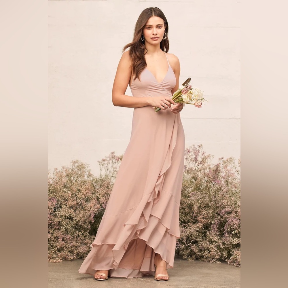 Lulu’s In Love Forever Light Blush Lace-Up High-Low Maxi Dress